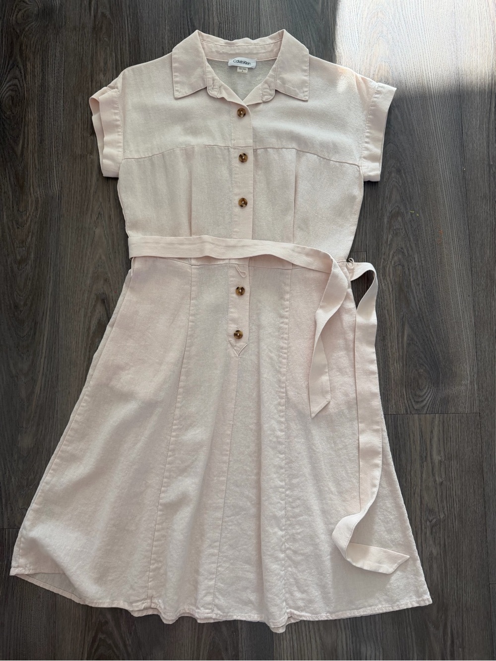 Calvin Klein Pale Pink Button-Front Shirt Dress with Tie Belt